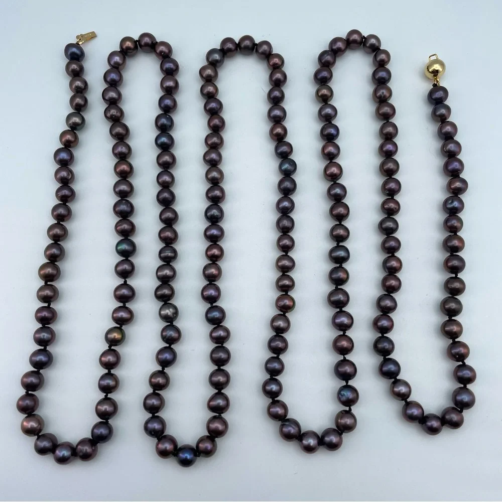 Elegant Long Knotted Peacock Freshwater Pearl Necklace Gold-Filled Clasp 53”Long